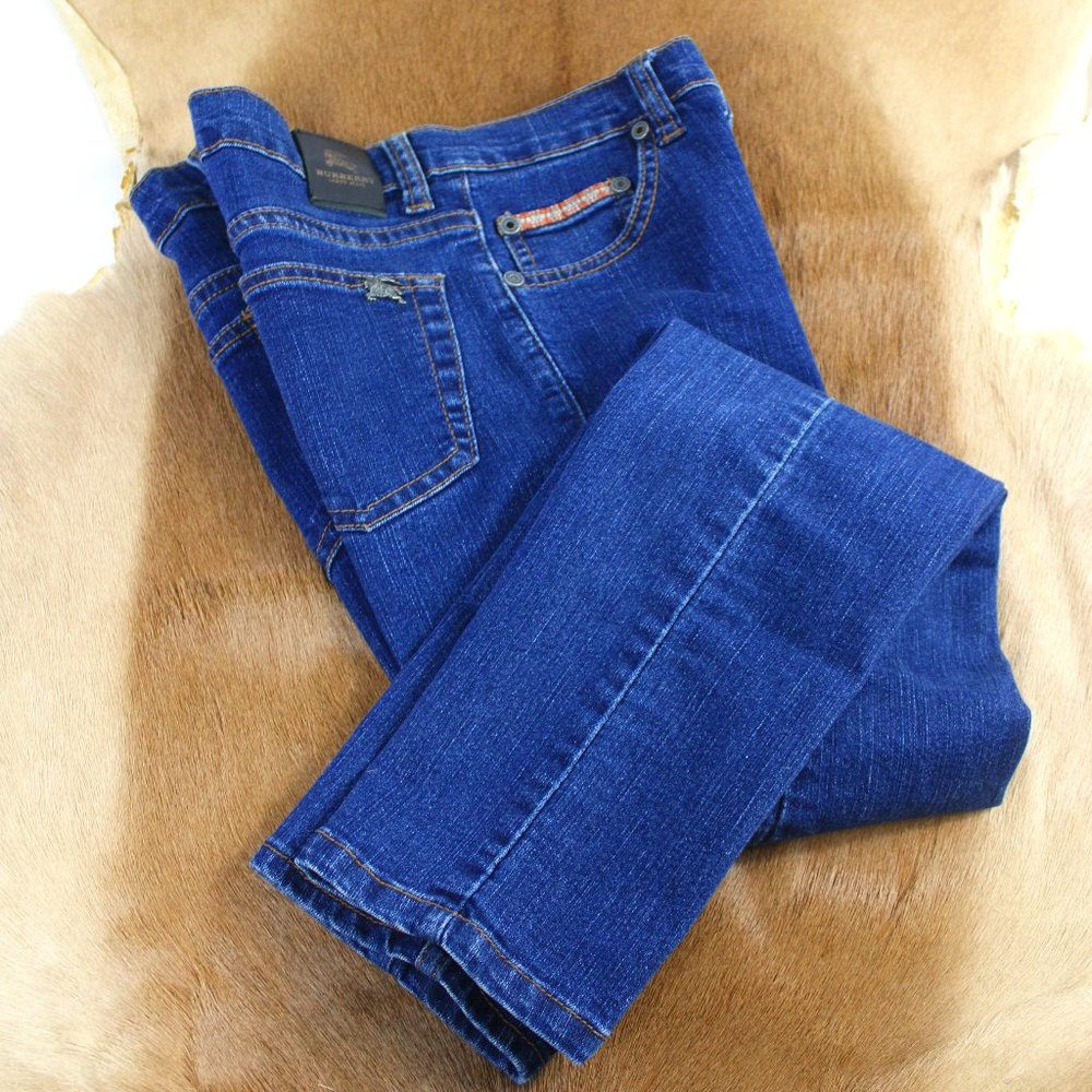 Burberry Tagged Straight Skinny Medium Blue Fade Jeans, Size 30